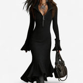 High Neck Zip Ribbed Knit Long Sleeve Mermaid Dress 4