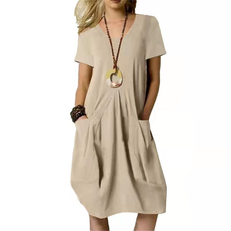 V-Neck Short Sleeve Pocket Loose Cocoon Midi Dress 4
