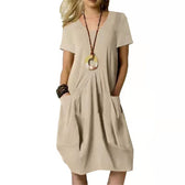 V-Neck Short Sleeve Pocket Loose Cocoon Midi Dress 4