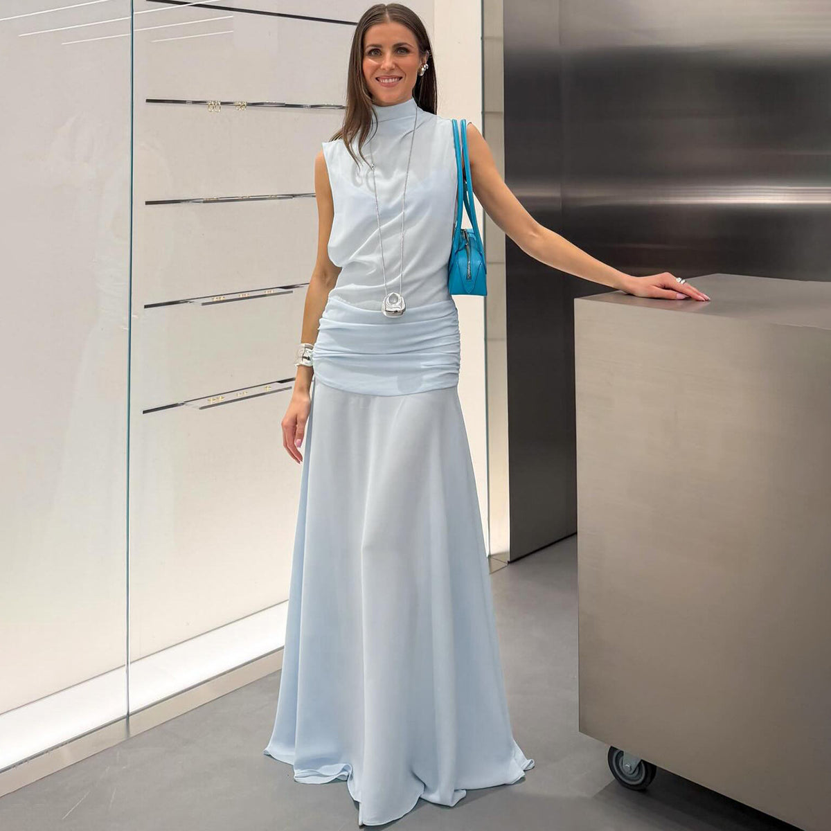 Mock Neck Sleeveless Ruched Drop Waist Maxi Dress