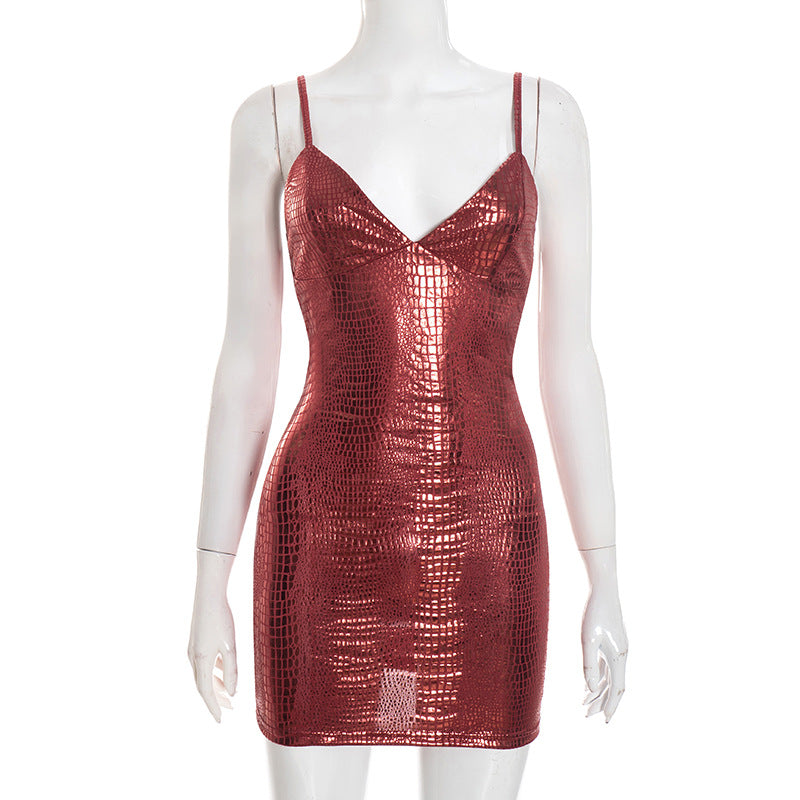 Croc Embossed Faux Leather V-Neck Cami Bodycon Mini Dress 5
