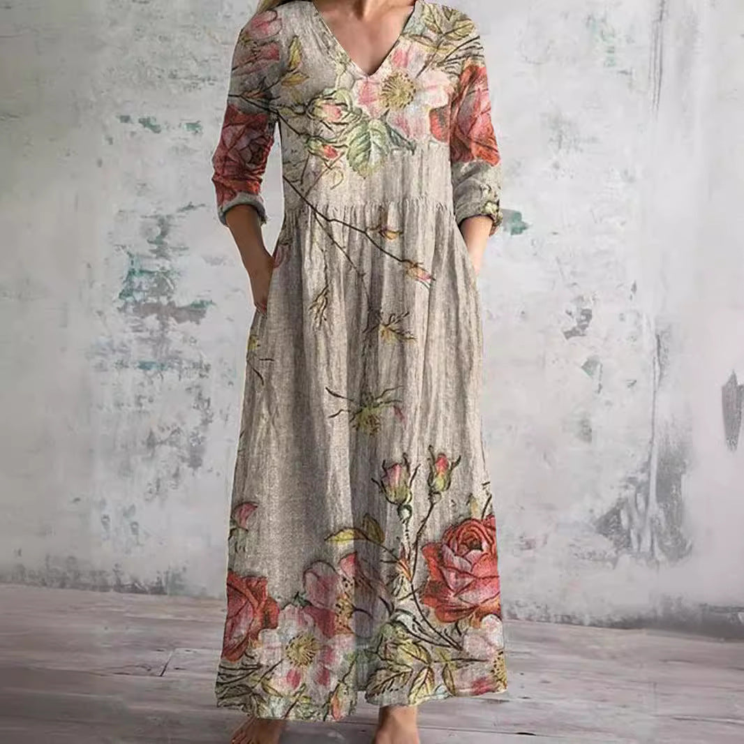 Floral Print V-Neck Long Sleeve Tiered Maxi Dress