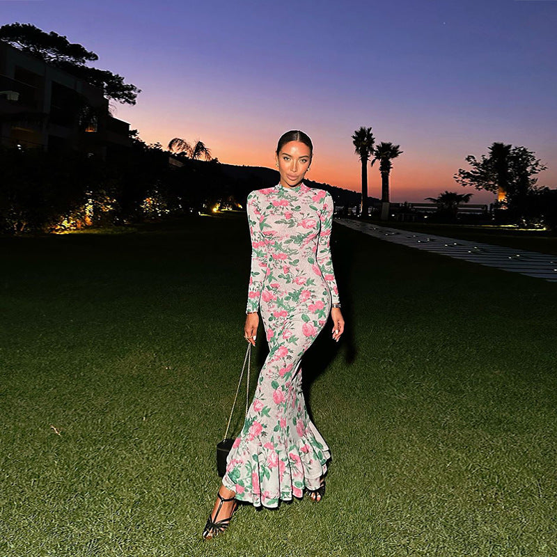 Floral Print Mock Neck Long Sleeve Bodycon Ruffle Hem Maxi Dress