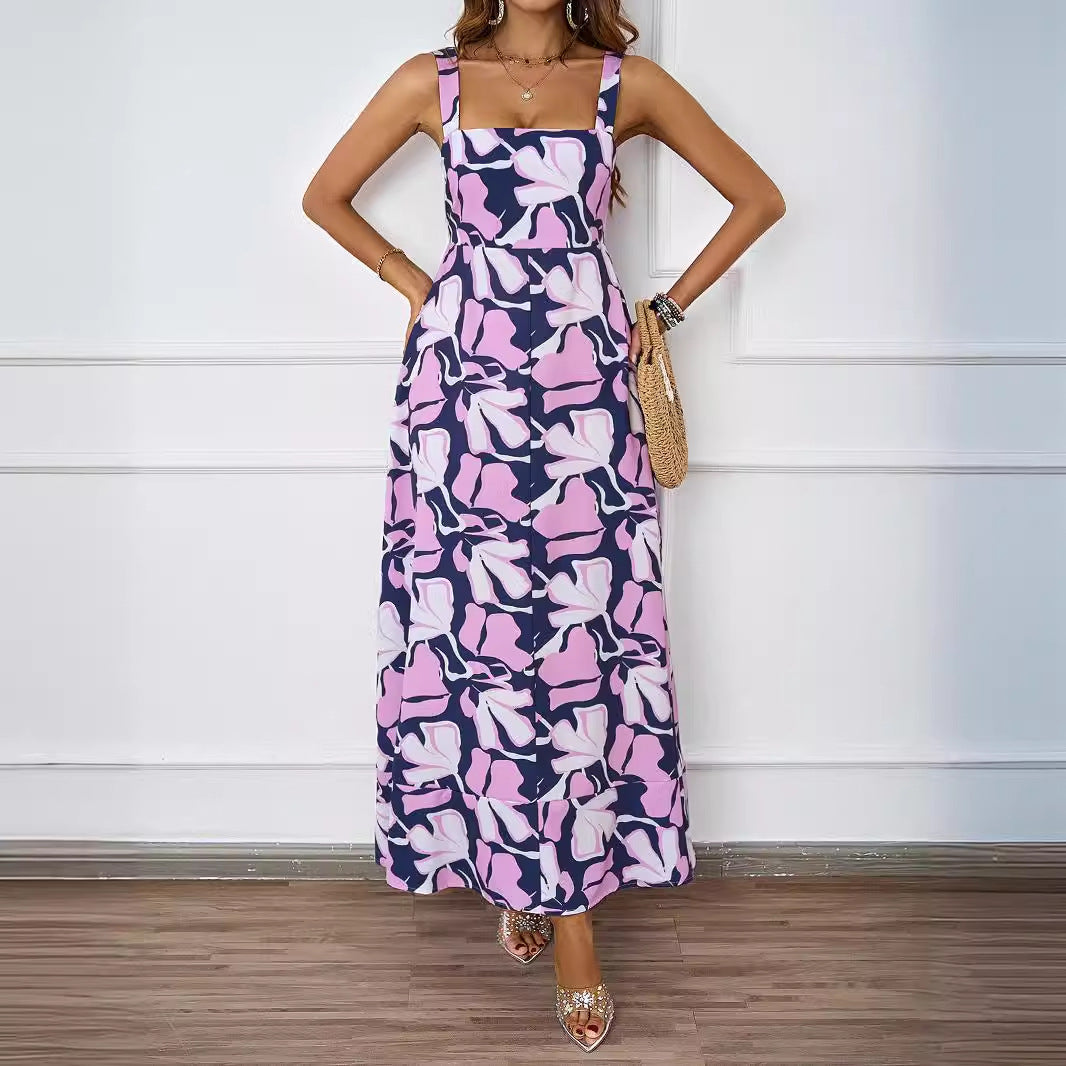 Abstract Floral Print Square Neck Wide Strap A-Line Maxi Dress