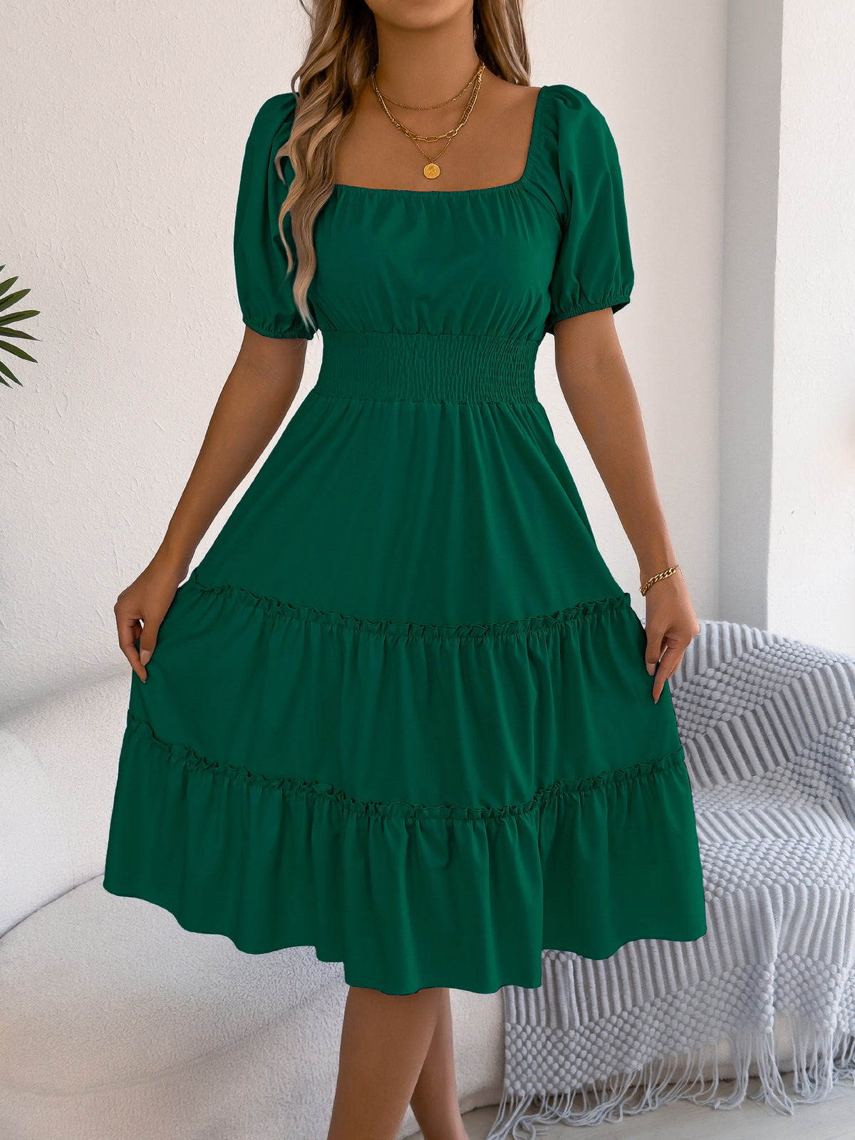 Square Neck Puff Sleeve Smocked Waist Tiered Ruffle Midi Dress 2