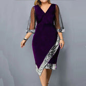 Velvet Sequin V-Neck Mesh Sleeve Bodycon Midi Dress 6