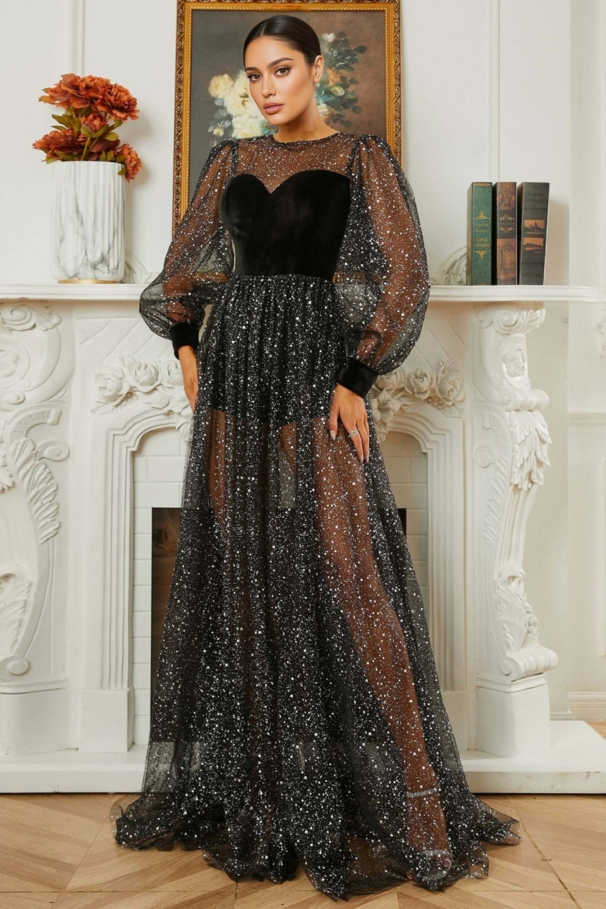 Glitter Mesh Sheer Puff Sleeve Velvet Bodice Maxi Gown 4