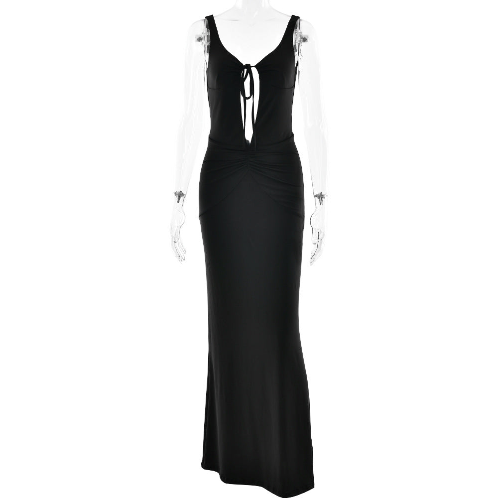 Deep V-Neck Sleeveless Tie Front Cut Out Ruched Bodycon Maxi Dress 2