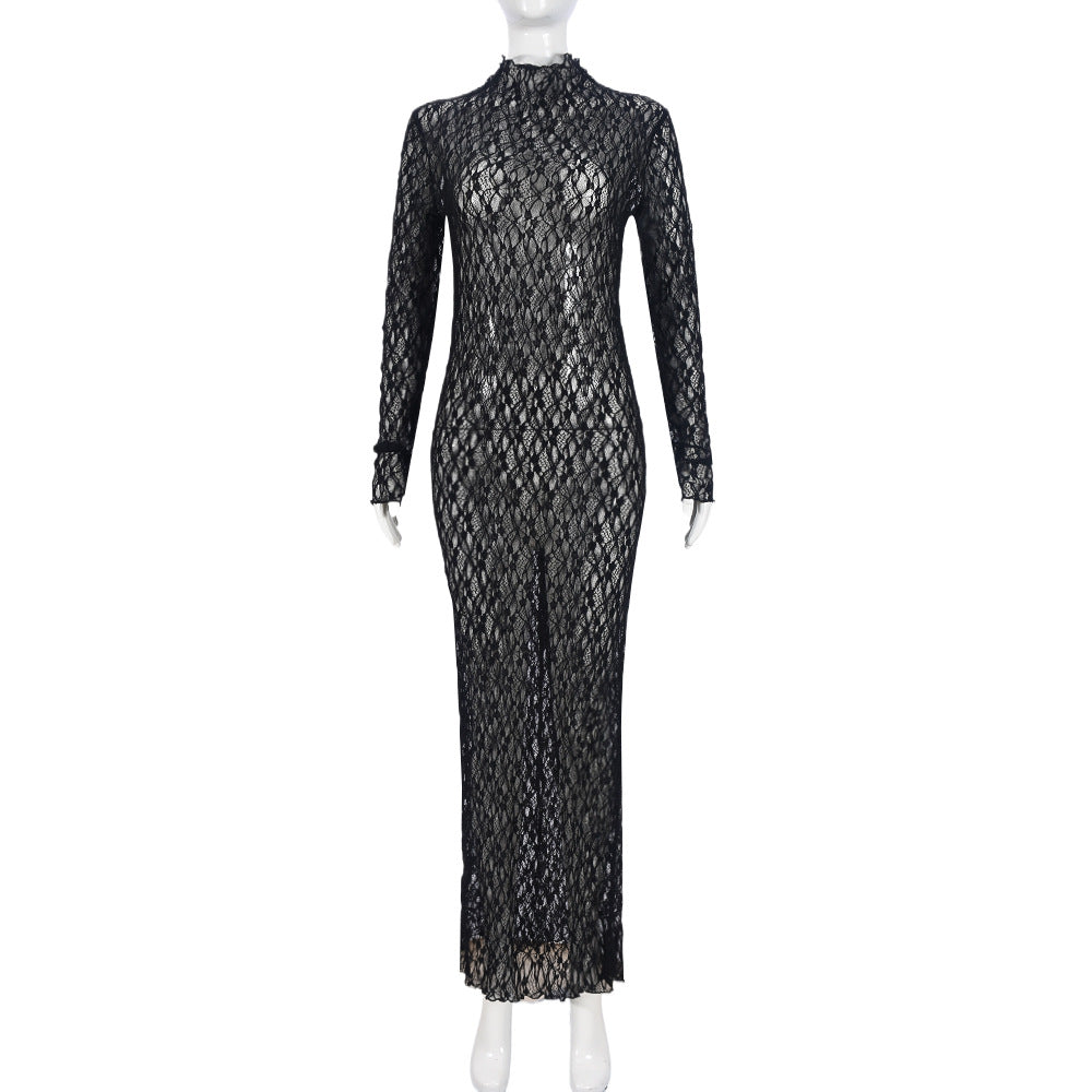 Sheer Lace Mock Neck Long Sleeve Bodycon Maxi Dress 2