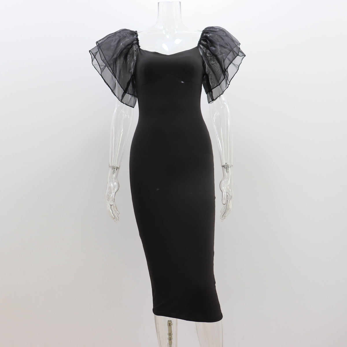 Sweetheart Neck Organza Ruffle Sleeve Bodycon Midi Dress 6