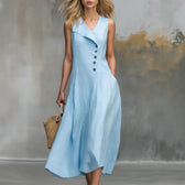 Sleeveless Lapel Button Front A-Line Linen Midi Dress 4