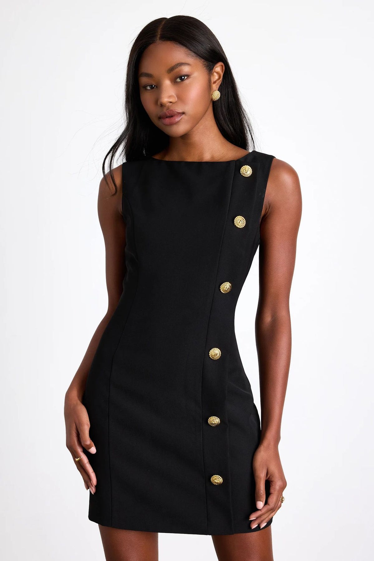 Boat Neck Sleeveless Side Button Sheath Mini Dress 2