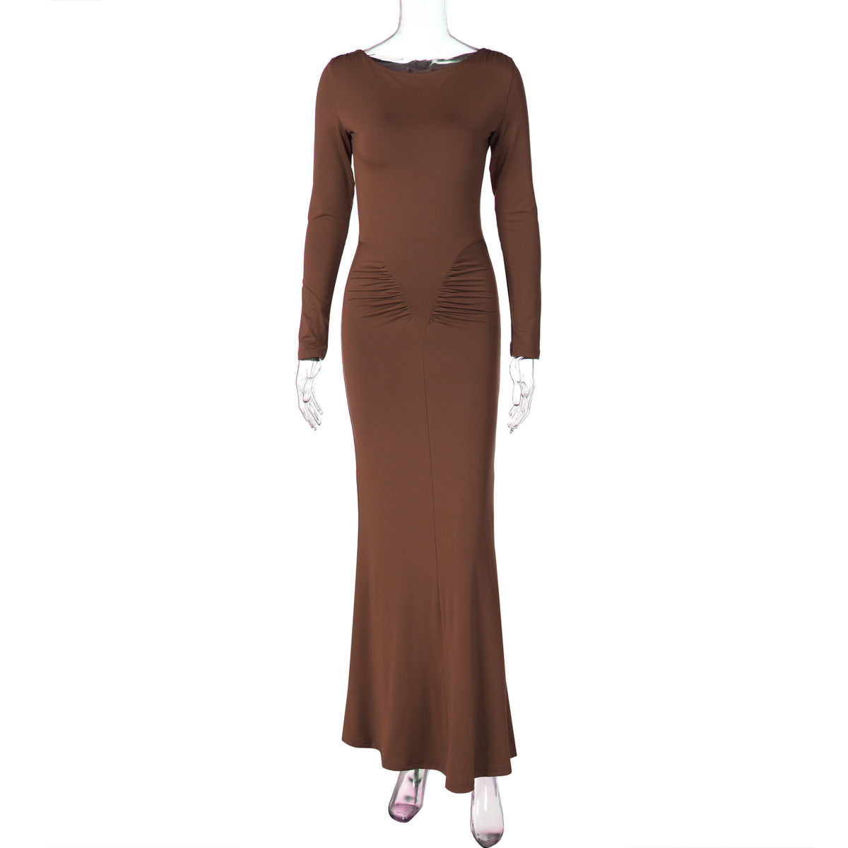 Crew Neck Long Sleeve Ruched Waist Bodycon Mermaid Maxi Dress 5
