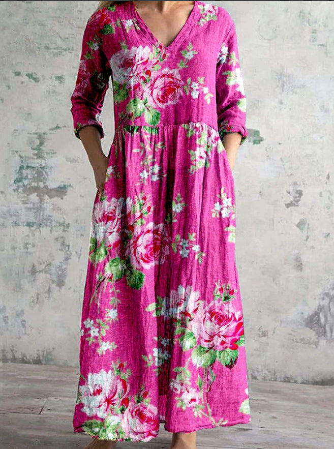 Floral Print V-Neck Long Sleeve Tiered Maxi Dress