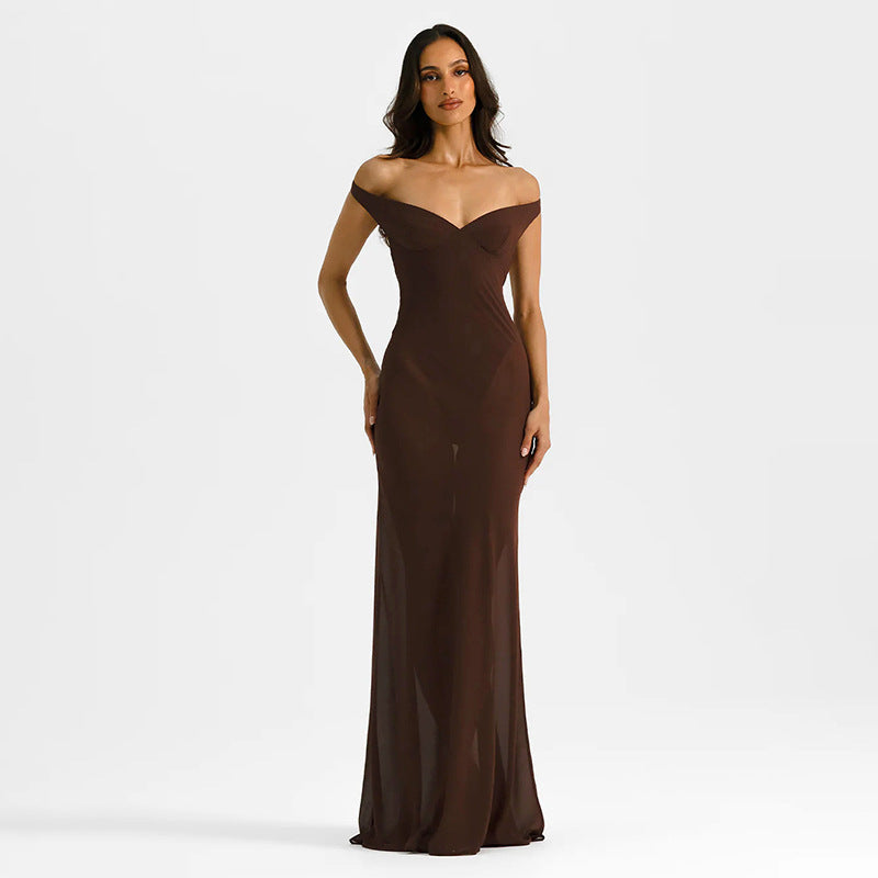 Women Clothing Solid Color Elegant Stitching off Shoulder Dress
