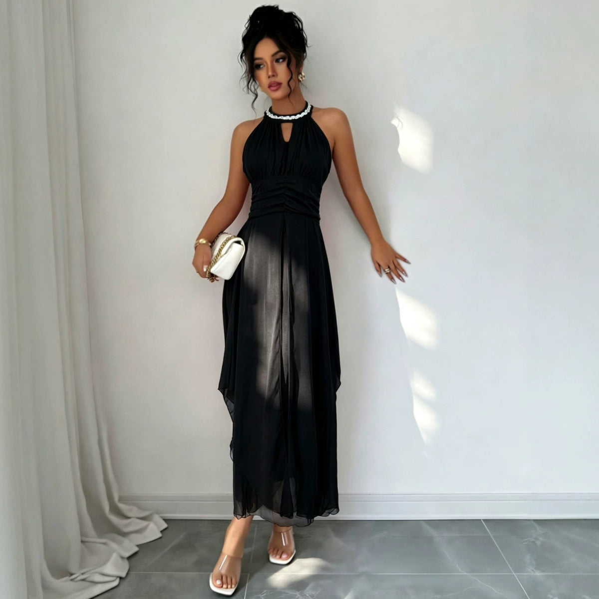 Popular Version Halter Beaded Swing Strapless Sexy Dress Chiffon Formal Dress
