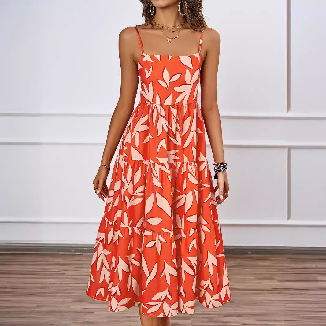 Leaf Print Square Neck Spaghetti Strap Tiered A-Line Midi Dress
