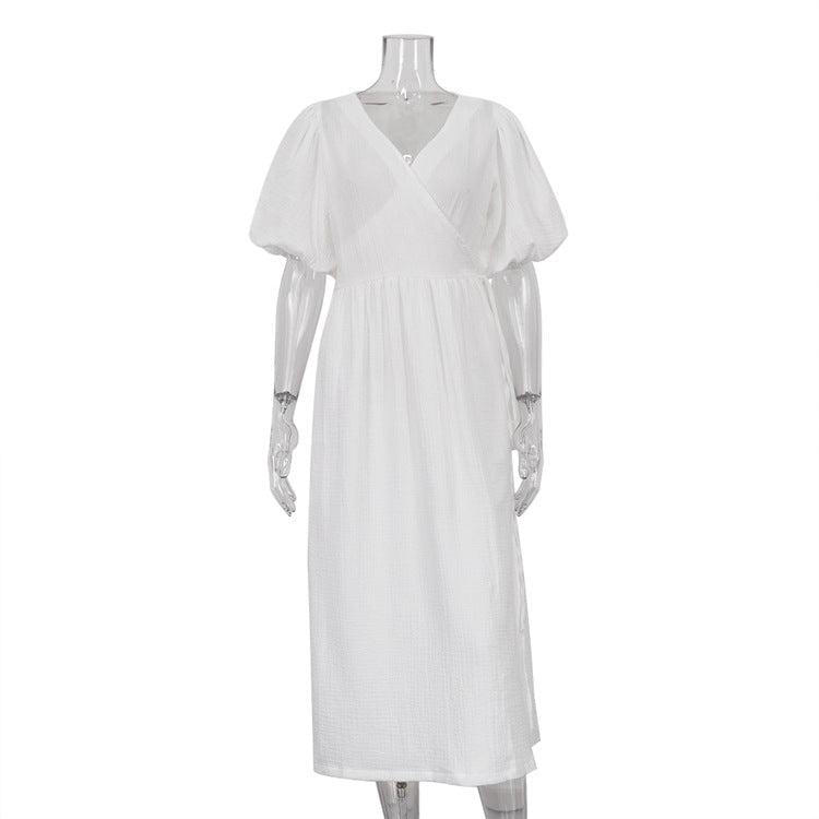 V neck Short Sleeve Lace up Dress French Office Solid Color Dress