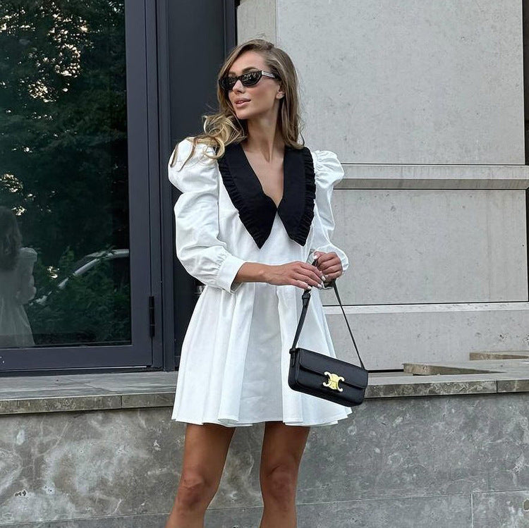French Black White Contrast Color Doll Collar Short Elegant Pleated A line Dress