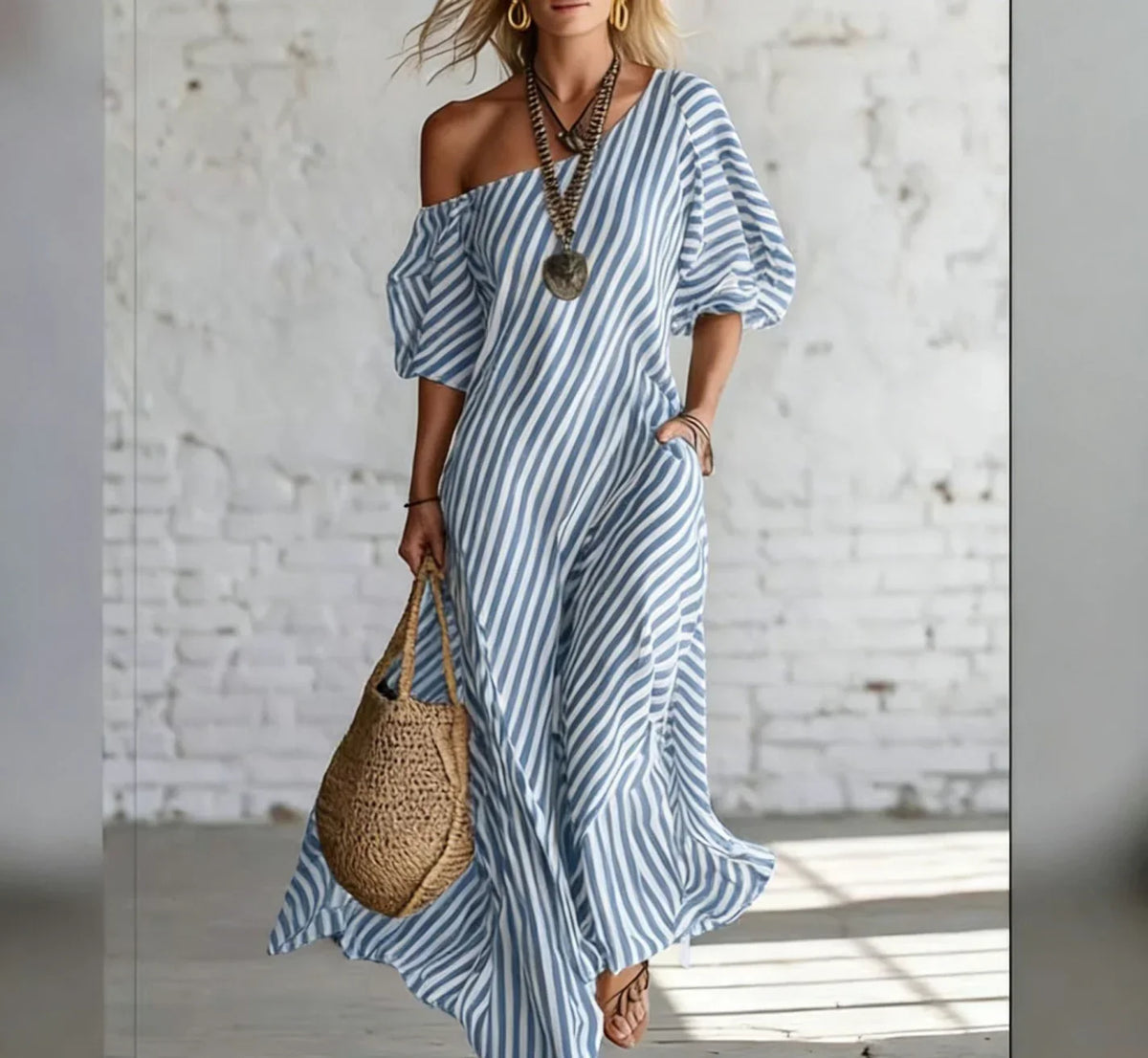 Striped One Shoulder Half Sleeve Loose Maxi Dress