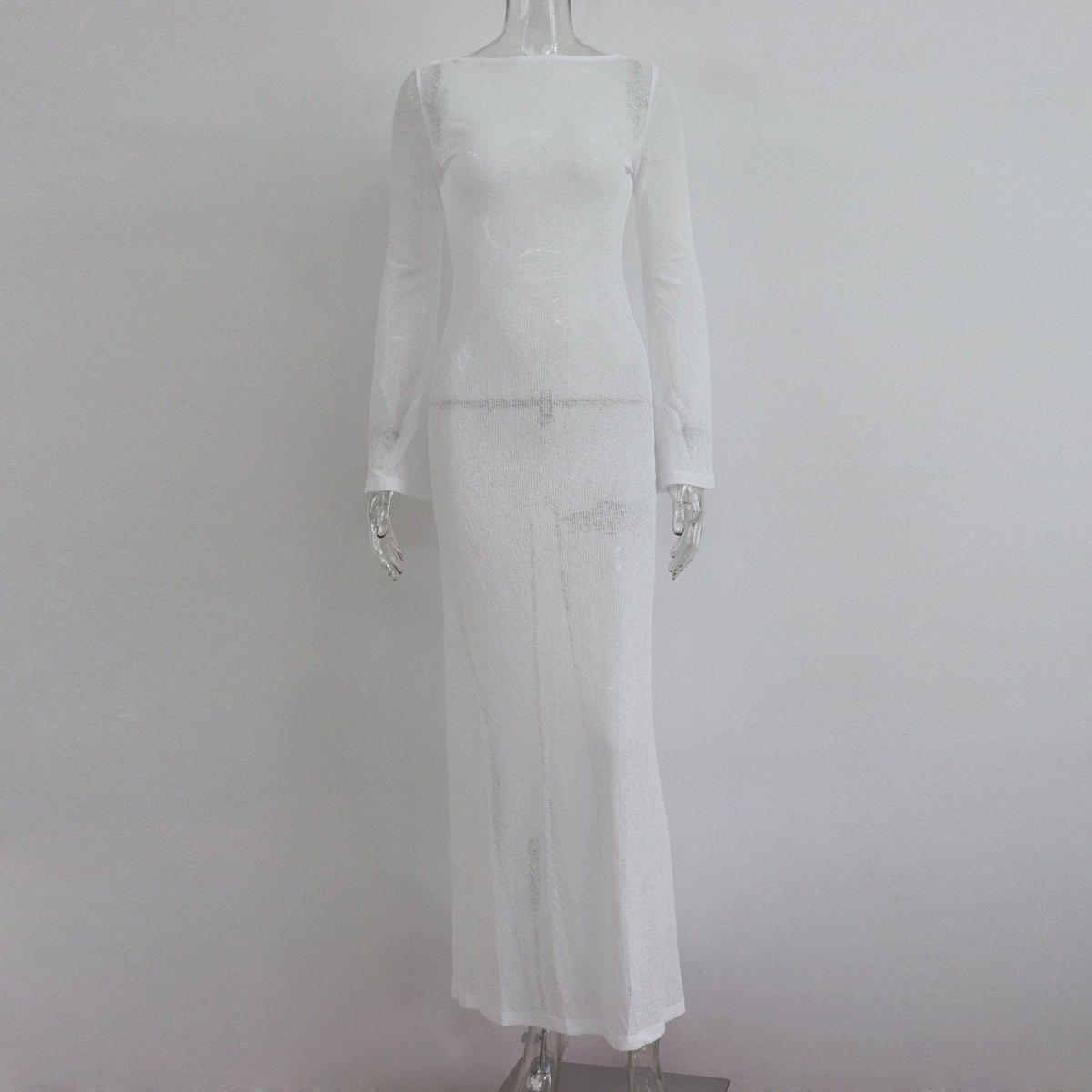 Sheer Knit Crew Neck Long Sleeve Flared Cuff Maxi Cover Up Dress 6