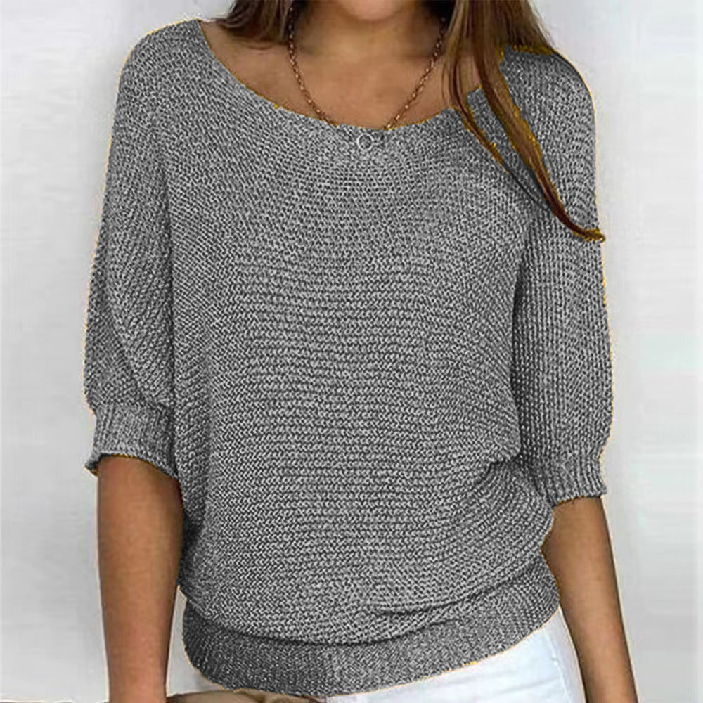 Boat Neck Short Sleeve Ribbed Hem Knit Sweater