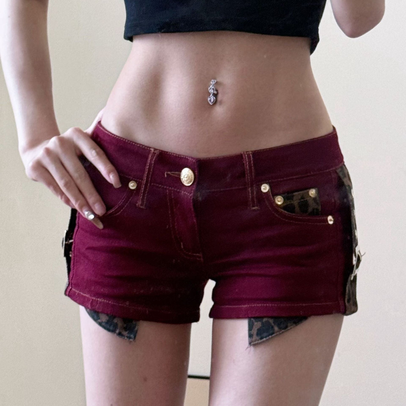 Leopard Patchwork Low Rise Denim Shorts