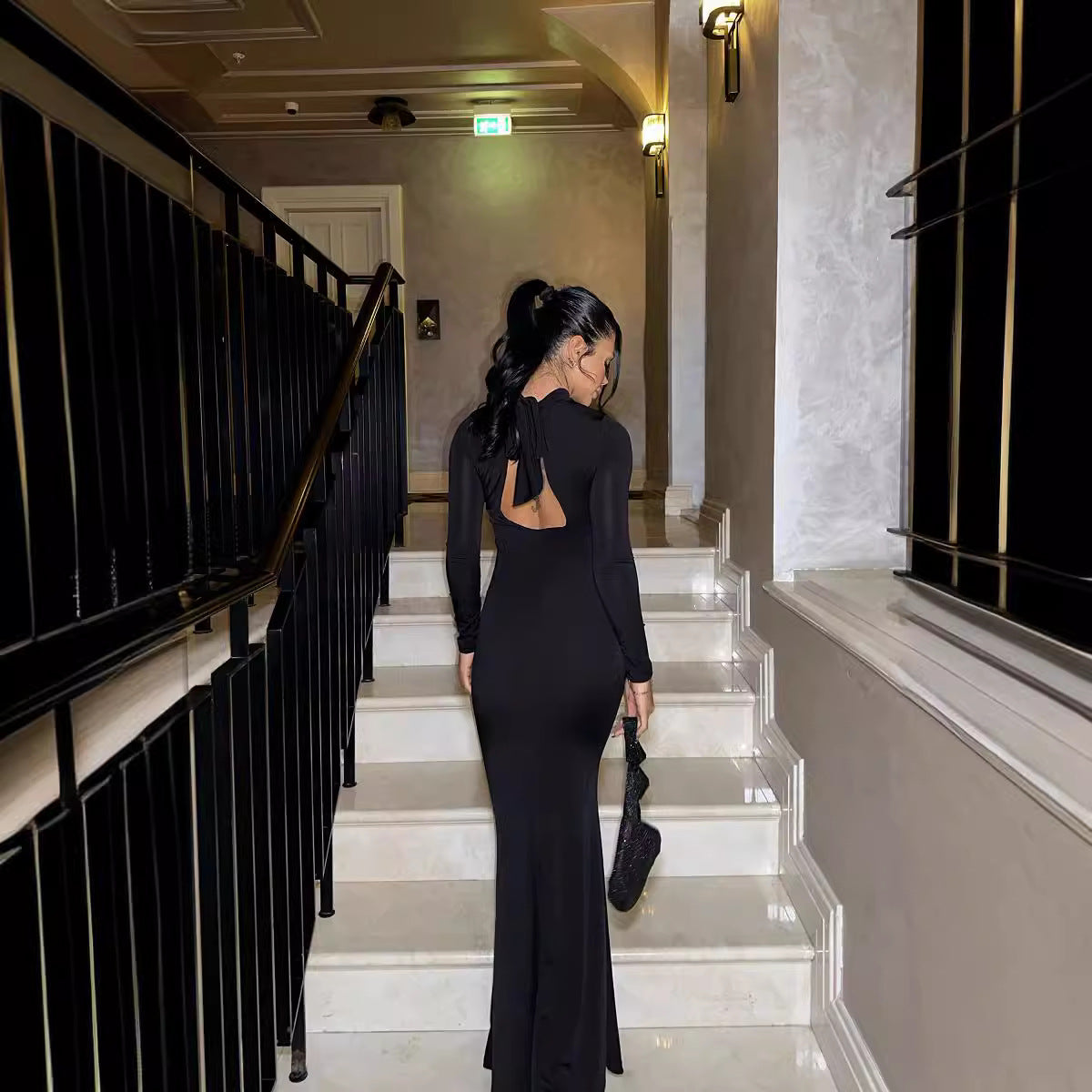 Fall Women Clothing Sexy Cutout Socialite Private Clothing Elegant Three Dimensional Floral Long Sleeve Slim Maxi Dress