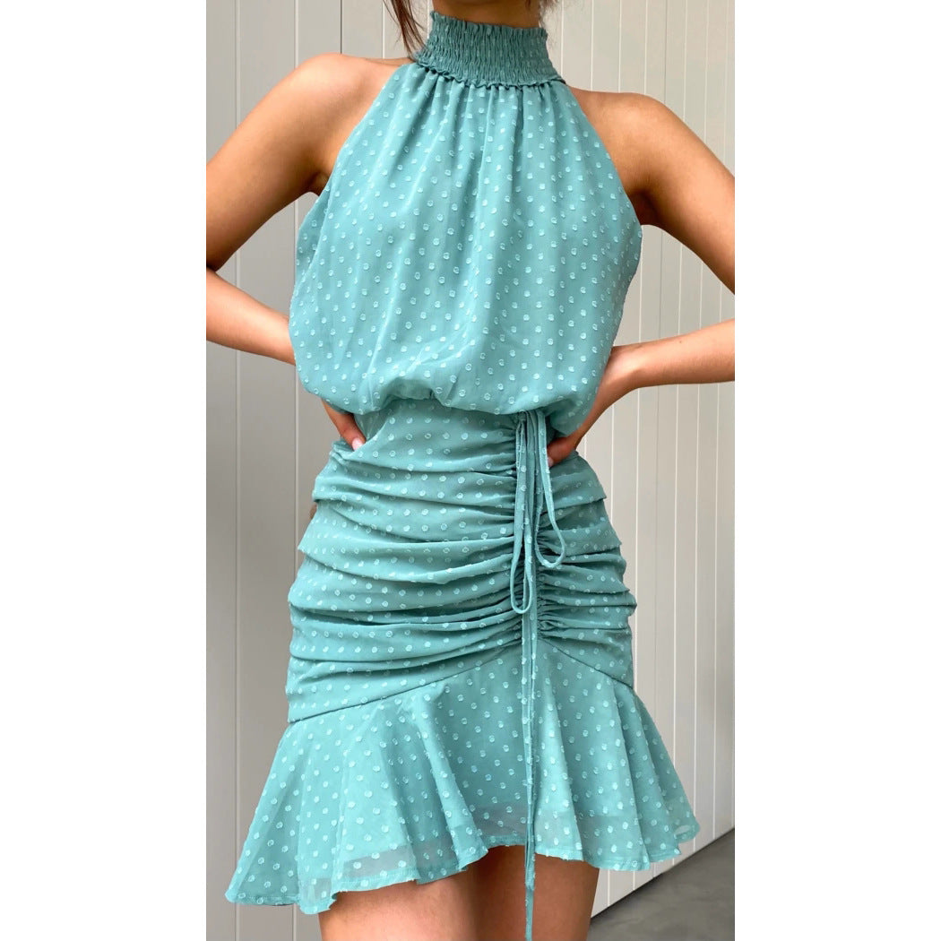 Swiss Dot Chiffon Smocked Halter Neck Drawstring Ruched Ruffle Hem Mini Dress 3