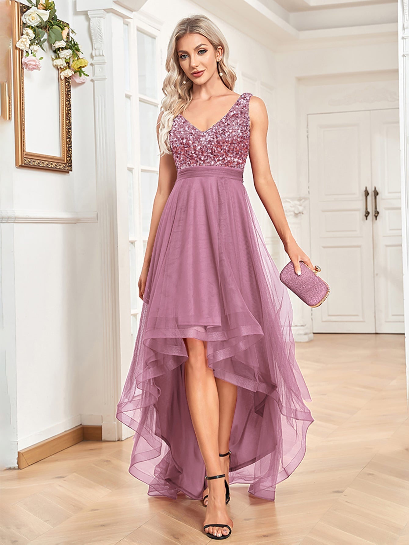 Chiffon Bridesmaid Dress Double V neck Dress Sleeveless A line Large Hem Sequin Stitching Evening Dress