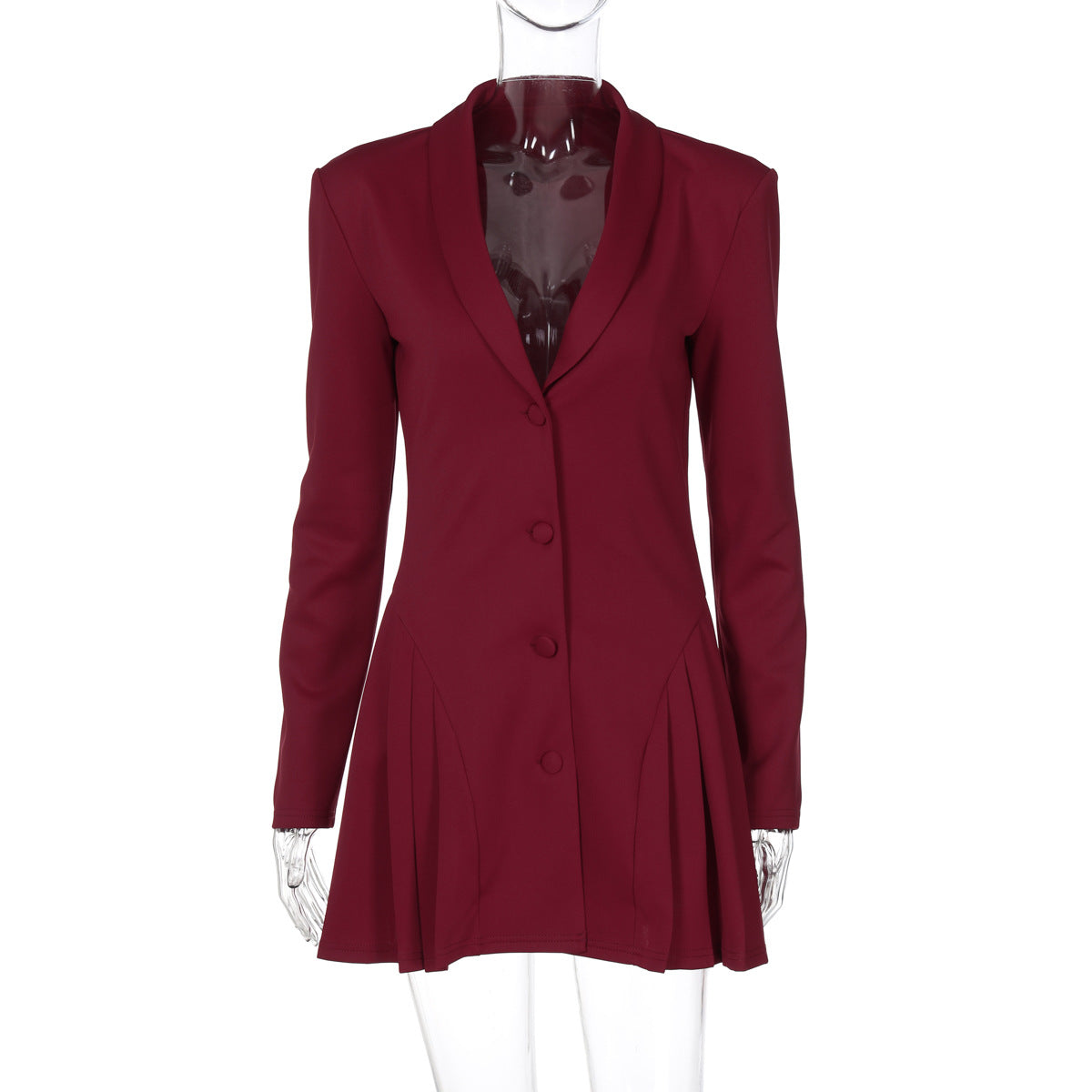 Deep V-Neck Long Sleeve Button Front Pleated Mini Dress 8