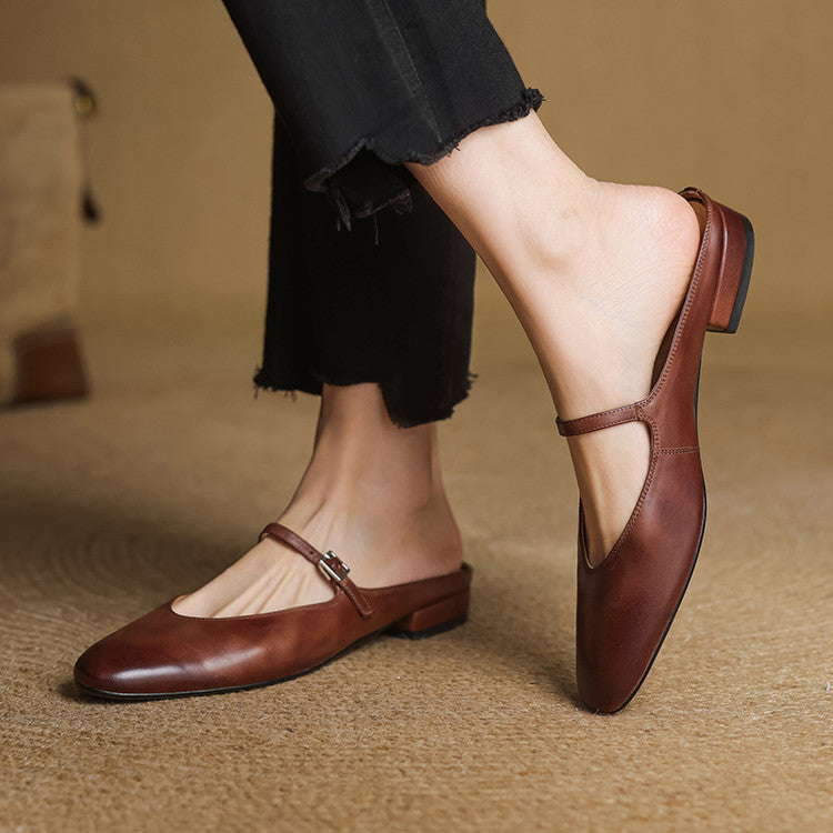 Round Toe Cross Strap Flat Mary Jane Mules