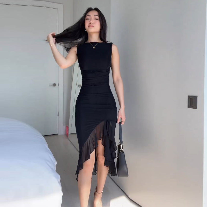 Women Clothing Summer Fall Pure Girly Sleeveless Waist Cinching Figure Flattering Dress Elegant Graceful