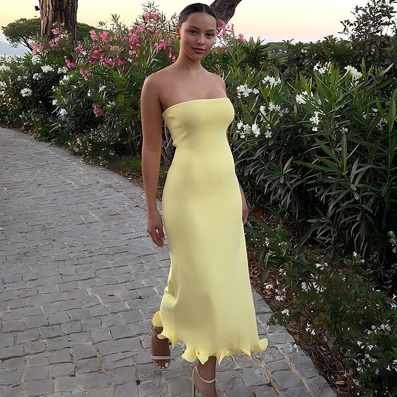 Solid Color Sexy Tube Top Sleeveless Long Slim Fit Big Wave Dress Women