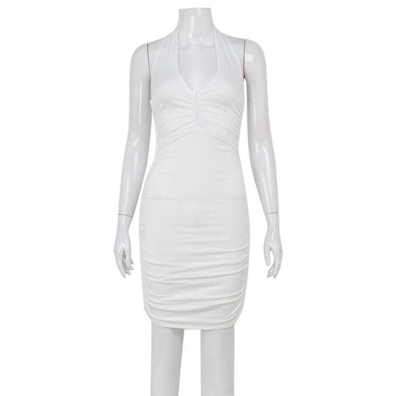 Halter V-Neck Ruched Front Sleeveless Bodycon Mini Dress 4