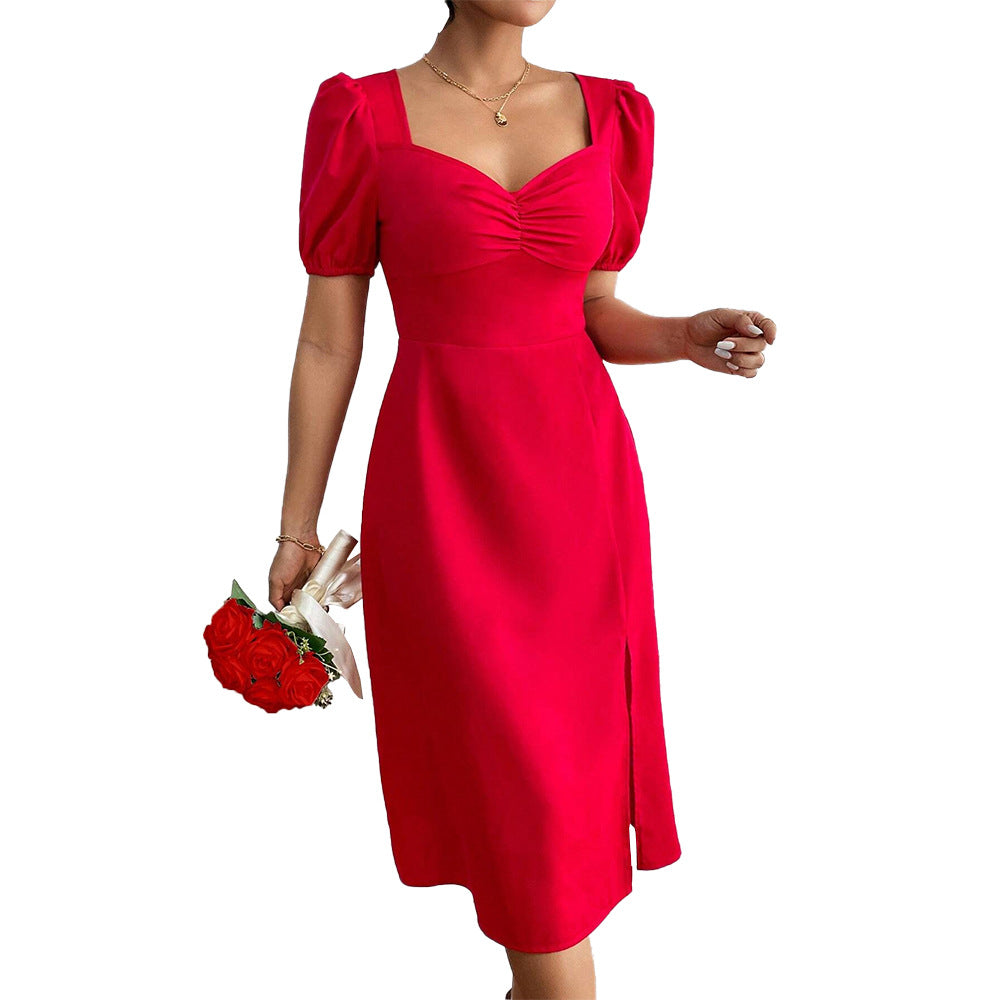 Sweetheart Neck Puff Short Sleeve Ruched Bust Side Slit Midi Dress 5