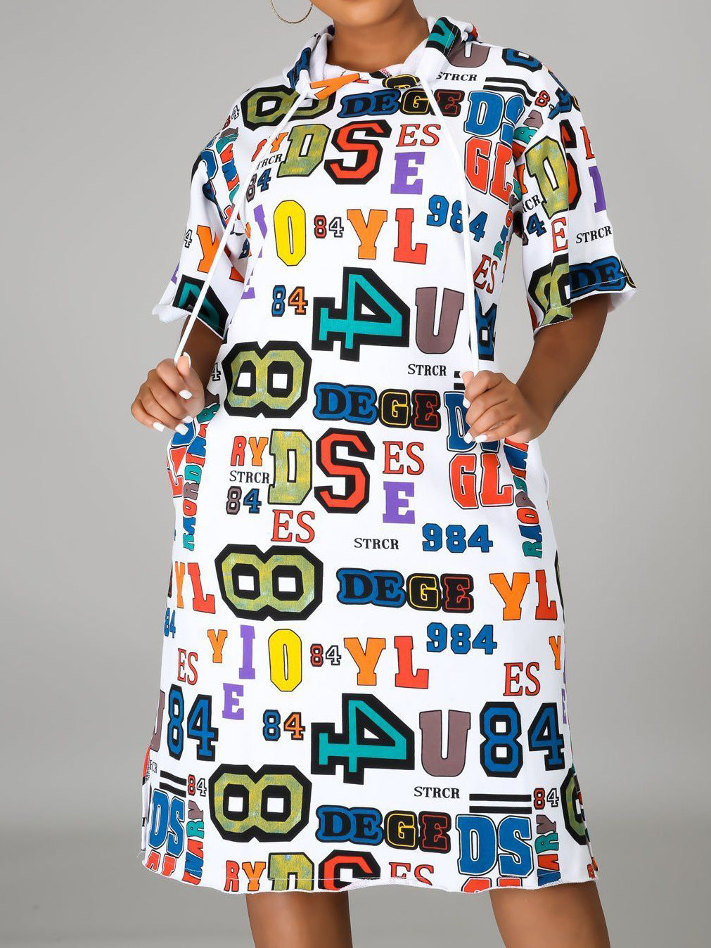 Letter Graphic Print Drawstring Hooded Short Sleeve Midi Dress with Pockets 2
