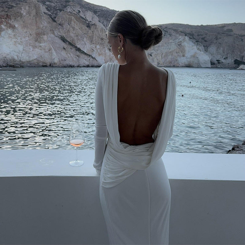 Draped Cowl Back Long Sleeve Backless Mermaid Maxi Dress 2