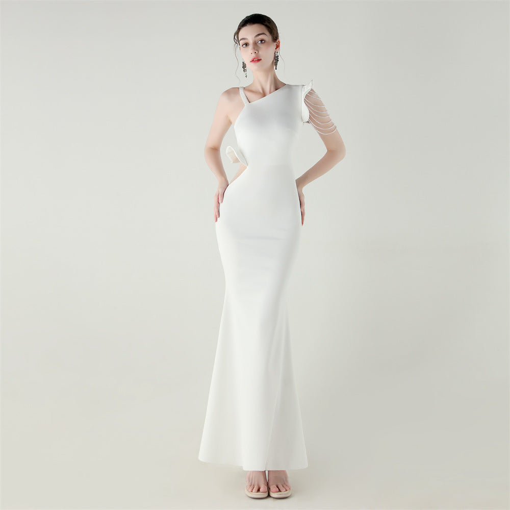 Satin Single Shoulder Beaded Fishtail Slim Fit Evening Dress Cocktail Wedding Cut out Ruffled Bottoming Dress - FashionAxe