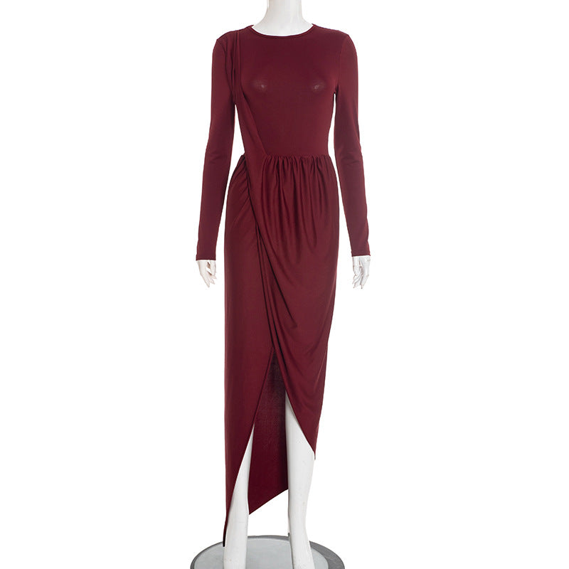 Boat Neck Long Sleeve Draped Ruched High Split Maxi Dress 2
