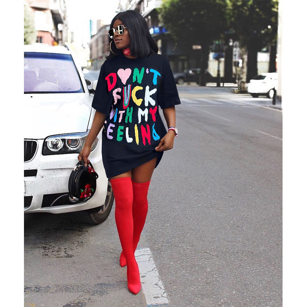 Women Clothing Supply Multicolor Contrast Color Letter Graphic T shirt Dress