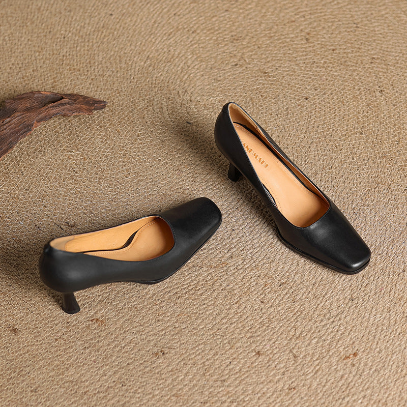 Square Toe Slip On Kitten Heel Leather Pumps