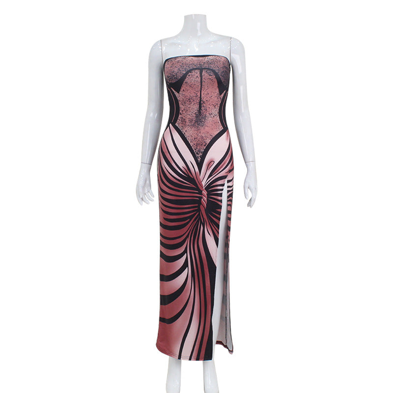 Abstract Print Strapless High Split Bodycon Maxi Dress 2