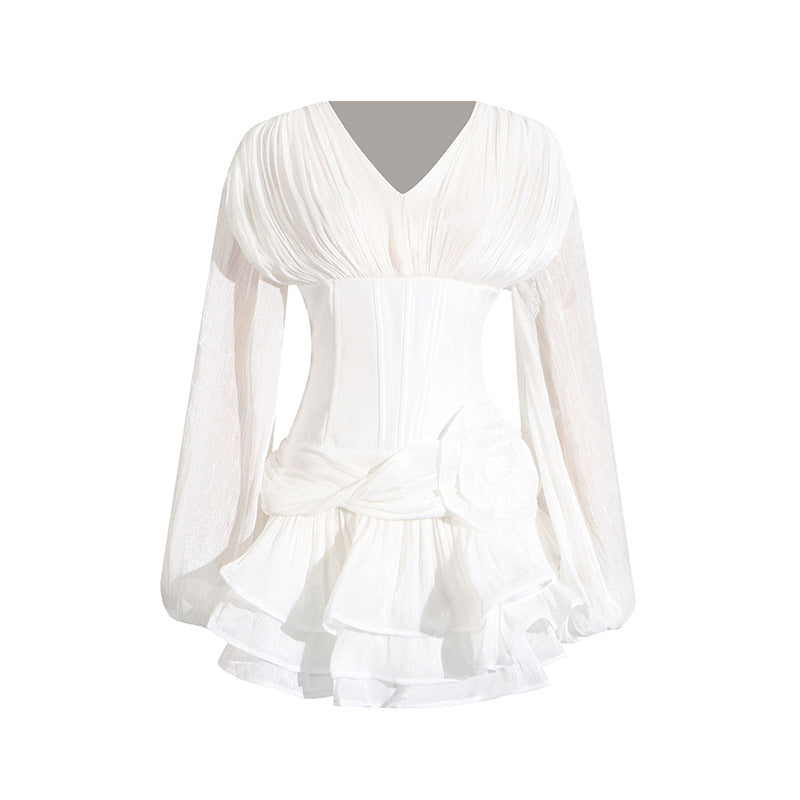 Chiffon Long Sleeve V-Neck Corset Tiered Mini Dress 5