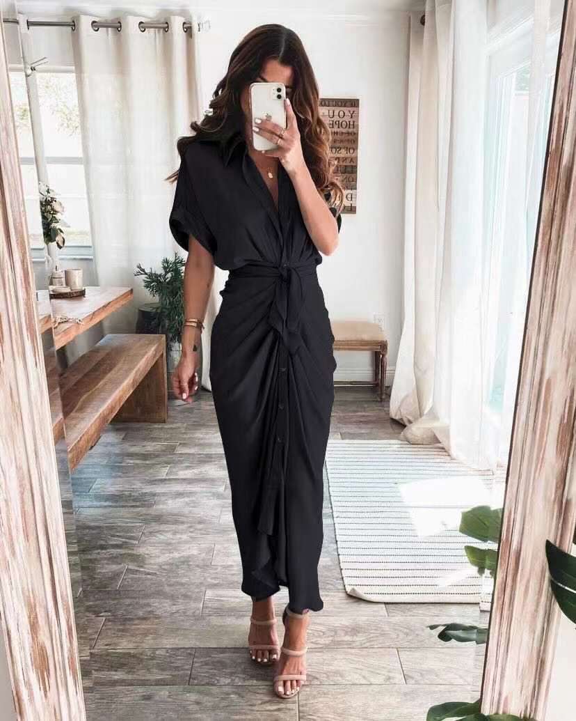 Meryl Satin Tie Front Midi Dress Black