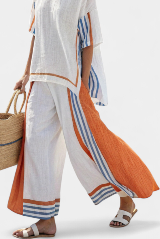 Round Neck Short Sleeve Top and Striped Wide Leg Pants Two Piece Set