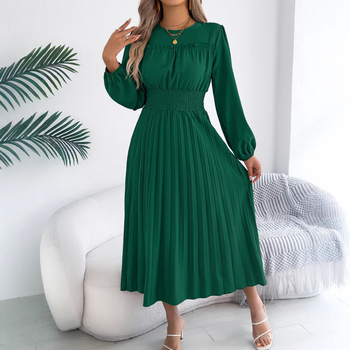 Women Clothing Spring Summer Elegant Wooden Ear Long Sleeved Waist Pleated Dress
