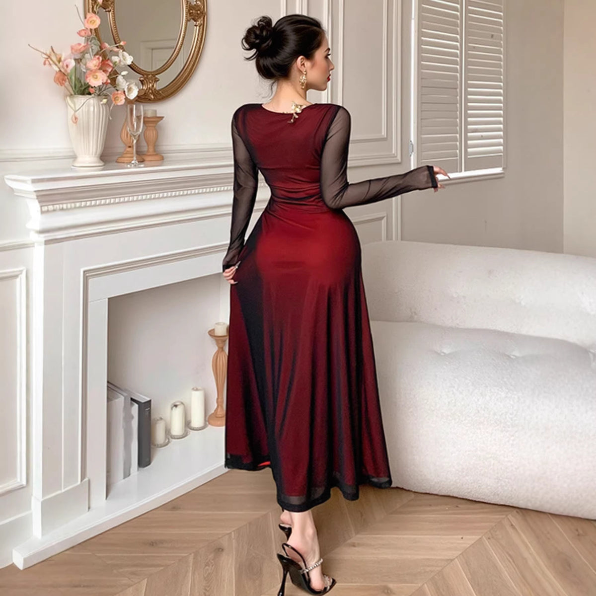 Mesh Overlay Square Neck Sheer Long Sleeve Fit and Flare Maxi Dress 3