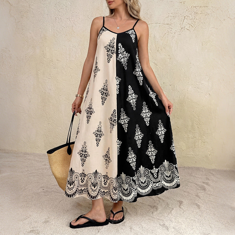 Ethnic Holiday Loose Contrast Color Paisley Printing Slip Dress