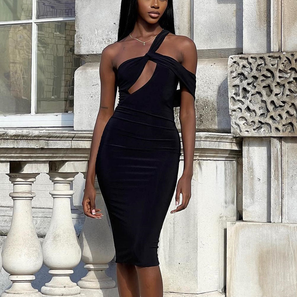 One Shoulder Twist Cut Out Ruched Bodycon Midi Dress